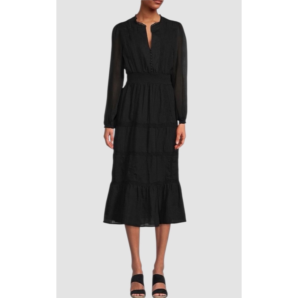 EMMIE ROSE | NWT Lace Trim Tiered Midi Dress in Black, Size Large